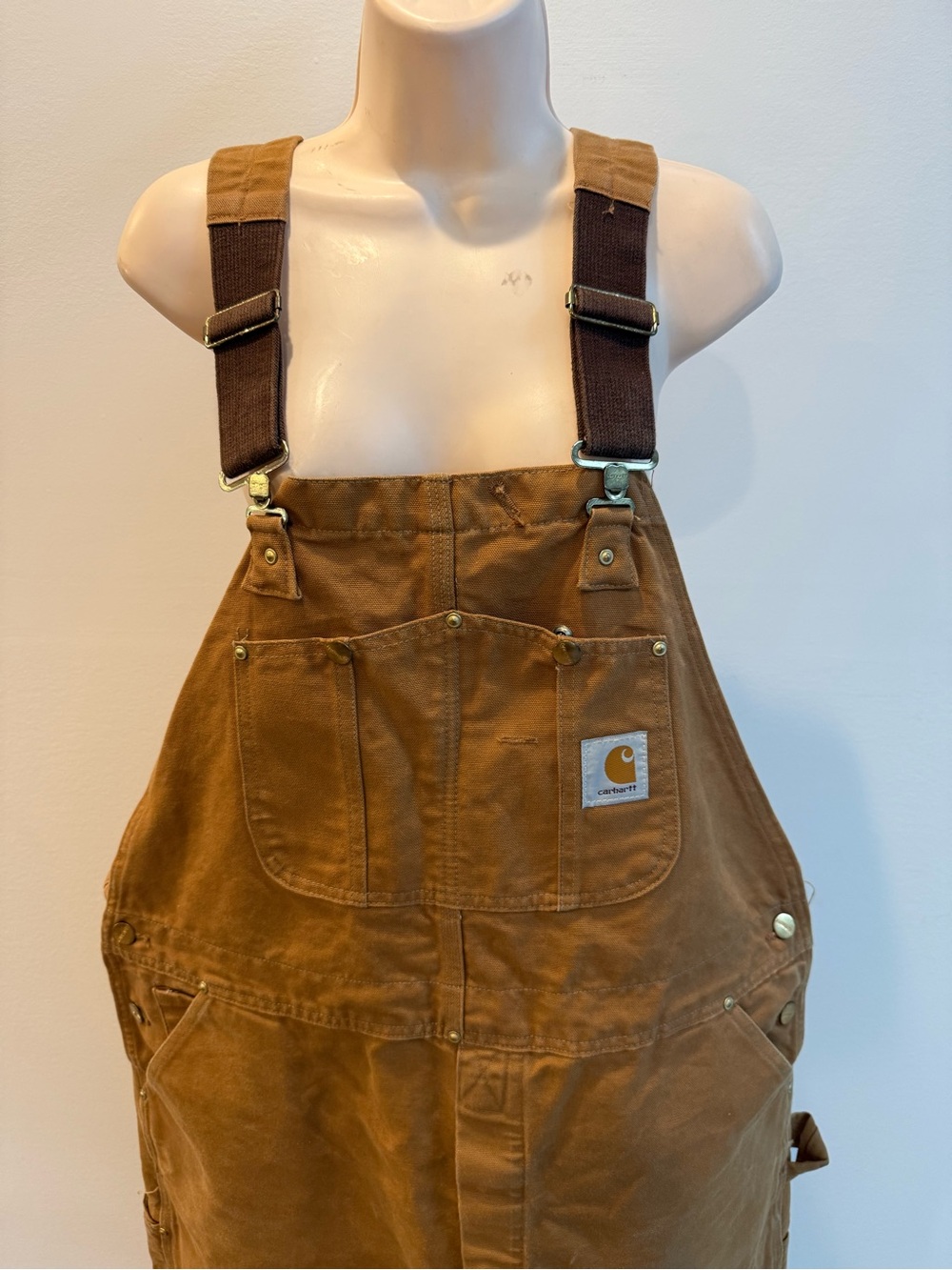 Carhartt Tan Canvas Bib Overalls Gold Logo Patch Workwear Coveralls Grunge